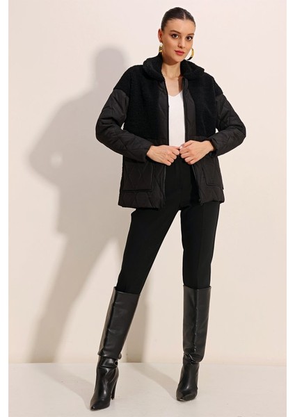 5182 Peluş Detaylı Oversize Şişme Mont - Siyah