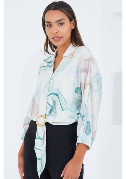 Oversize Dökümlü Crop Saten Gömlek 906 - Mint