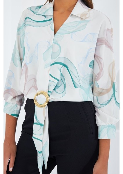Oversize Dökümlü Crop Saten Gömlek 906 - Mint