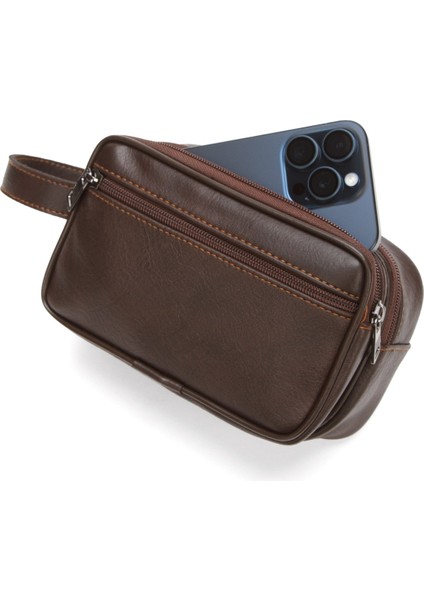 Erkek Bileklik Kemerli Portföy Clutch Traş Kozmetik El Çantası NEW344 - Kahverengi