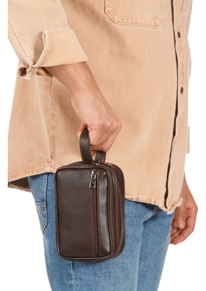 Erkek Bileklik Kemerli Portföy Clutch Traş Kozmetik El Çantası NEW344 - Kahverengi