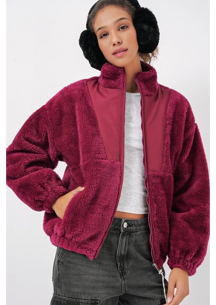5194 Peluş Mont Ceket - Mürdüm