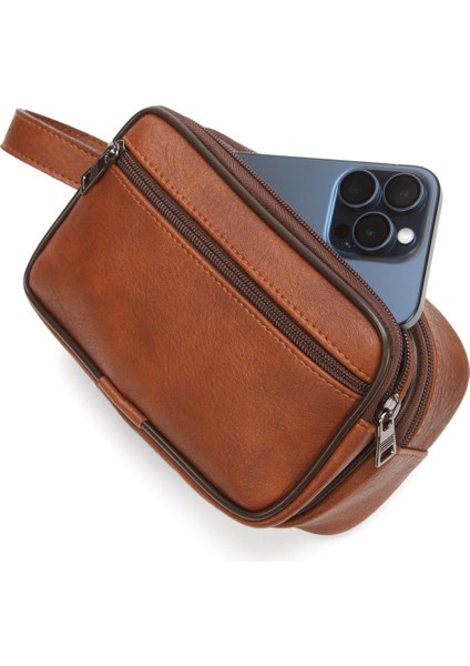 Erkek Bileklik Kemerli Portföy Clutch Traş Kozmetik El Çantası NEW344 - Taba