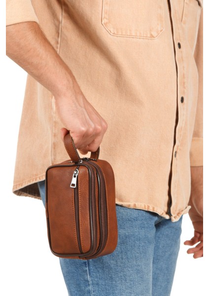 Erkek Bileklik Kemerli Portföy Clutch Traş Kozmetik El Çantası NEW344 - Taba