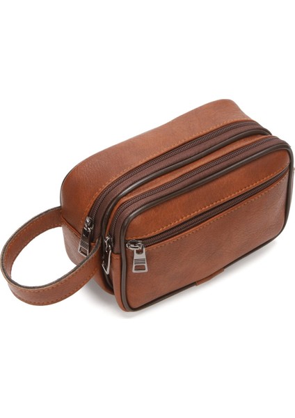 Erkek Bileklik Kemerli Portföy Clutch Traş Kozmetik El Çantası NEW344 - Taba