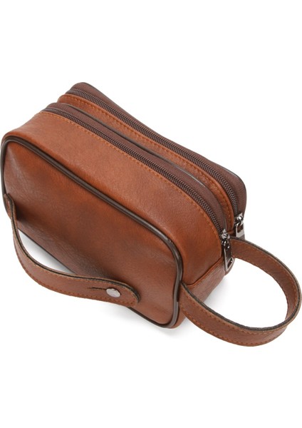 Erkek Bileklik Kemerli Portföy Clutch Traş Kozmetik El Çantası NEW344 - Taba
