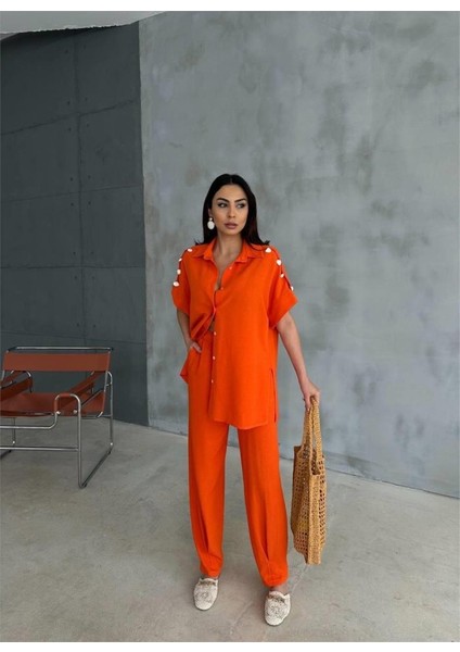 Omuz Midye Sıralı Bluz - Paça Pensli Pantolon Takım - Orange