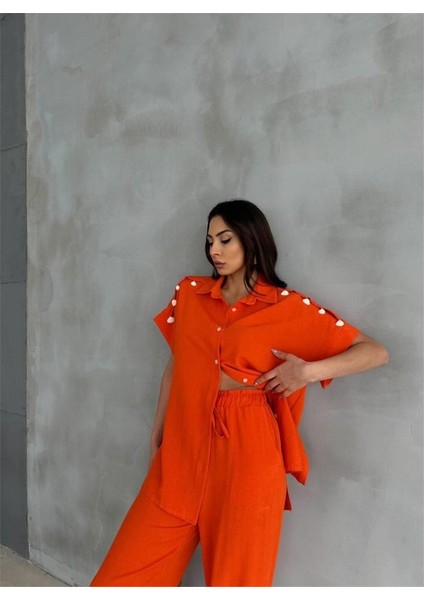 Omuz Midye Sıralı Bluz - Paça Pensli Pantolon Takım - Orange
