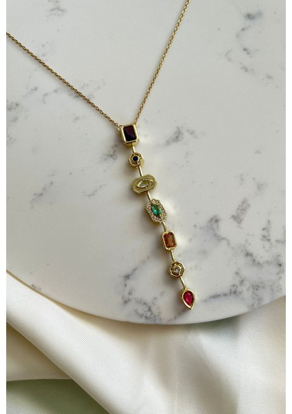 Gold Zincir Sıralı Baget Taş Motifli Kararmaz Çelik Kadın Kolye Yazlık Kolye Abiye Kolye Vintage Kolye