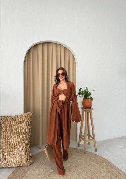Krınkıll Büstiyer-Pantolon-Kimono Takım - Kahverengi