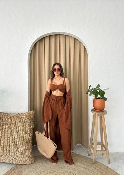 Krınkıll Büstiyer-Pantolon-Kimono Takım - Kahverengi