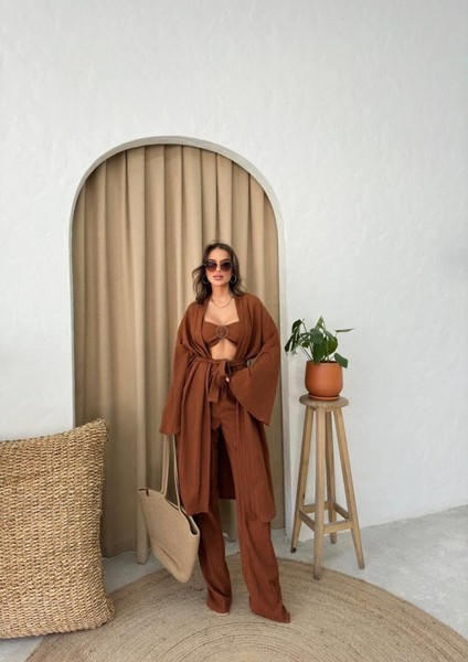 Krınkıll Büstiyer-Pantolon-Kimono Takım - Kahverengi