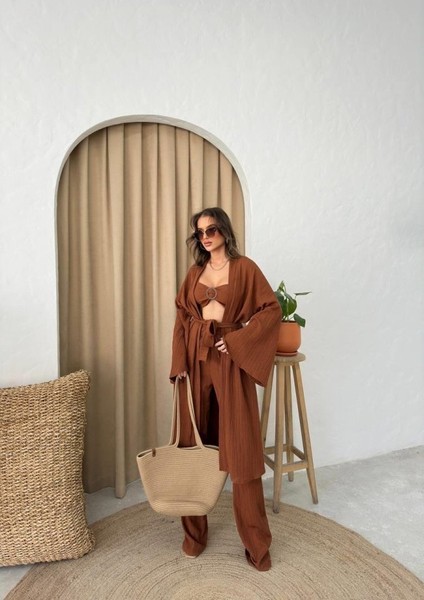 Krınkıll Büstiyer-Pantolon-Kimono Takım - Kahverengi