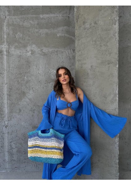 Krınkıll Büstiyer-Pantolon-Kimono Takım - Mavi