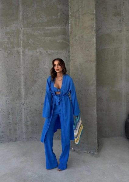 Krınkıll Büstiyer-Pantolon-Kimono Takım - Mavi