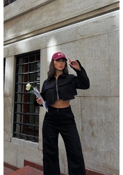 Gabardin Crop Ceket-Kargo Pantolon Takım - Siyah