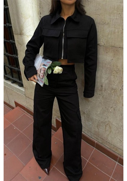 Gabardin Crop Ceket-Kargo Pantolon Takım - Siyah fiyatları
