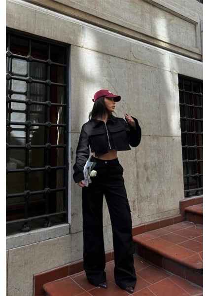 Gabardin Crop Ceket-Kargo Pantolon Takım - Siyah modelleri