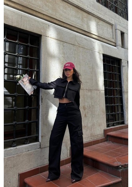 Gabardin Crop Ceket-Kargo Pantolon Takım - Siyah fırsatları