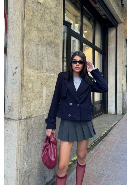 Kaşe Crop 4 Düğme Ceket - Lacivert