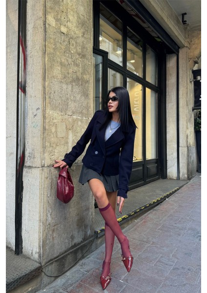 Kaşe Crop 4 Düğme Ceket - Lacivert