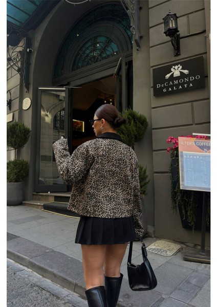 Leopar Desen Crop Ceket Gabardin - Leopar fırsatları