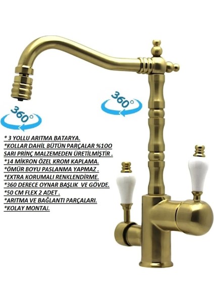 Rustik Arıtmalı Mutfak Eviye Bataryası (Musluğu) Tamamen Pirinç Ağır Gövde