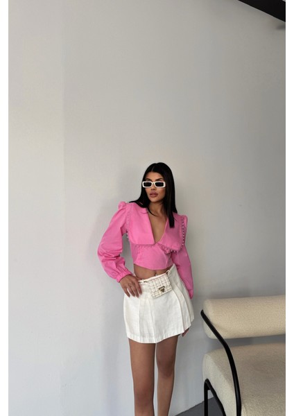 Crop Poplin Gömlek Yaka Kenar Dantel Detaylı - Pembe