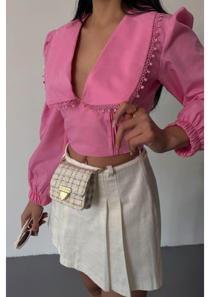 Crop Poplin Gömlek Yaka Kenar Dantel Detaylı - Pembe