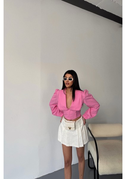 Crop Poplin Gömlek Yaka Kenar Dantel Detaylı - Pembe