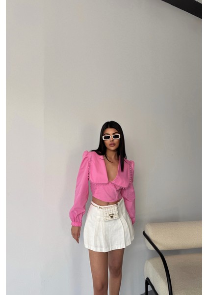 Crop Poplin Gömlek Yaka Kenar Dantel Detaylı - Pembe