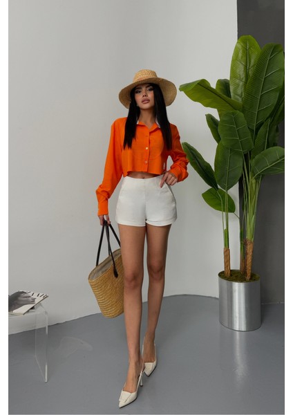 Crop Gömlek Beyaz Yaka ve Etiket Detaylı - Orange fiyatları