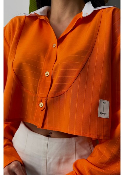 Crop Gömlek Beyaz Yaka ve Etiket Detaylı - Orange modelleri
