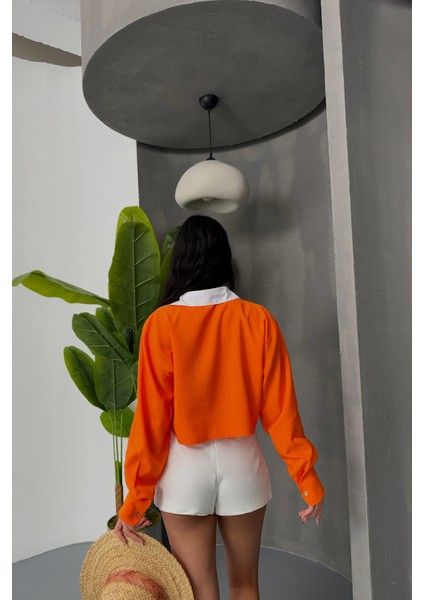 Crop Gömlek Beyaz Yaka ve Etiket Detaylı - Orange fırsatları
