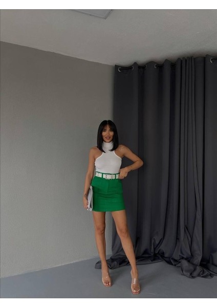 Gabardin Kısa Etek Cep Detaylı - Yeşil