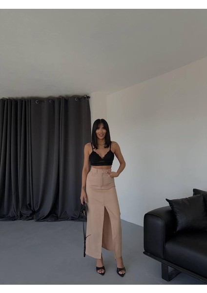 Gabardin Uzun Önden Yırtmaçlı Etek - Kahverengi