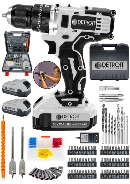 Powertools Usa Darbesiz Matkap 58 V 5AH Çift Akülü Şarjlı Matkap 84 Parça Set Hediyeli