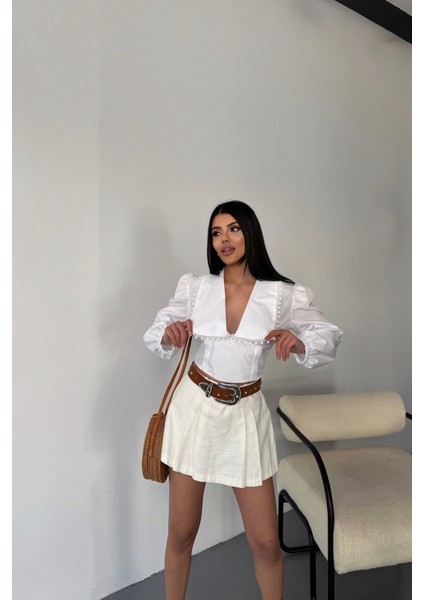 Crop Poplin Gömlek Yaka Kenar Dantel Detaylı - Beyaz
