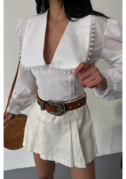 Crop Poplin Gömlek Yaka Kenar Dantel Detaylı - Beyaz