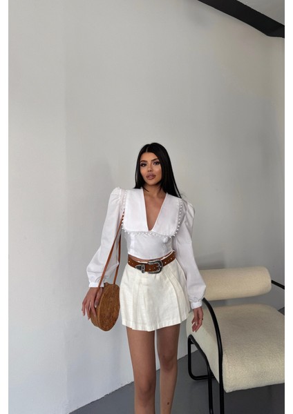 Crop Poplin Gömlek Yaka Kenar Dantel Detaylı - Beyaz