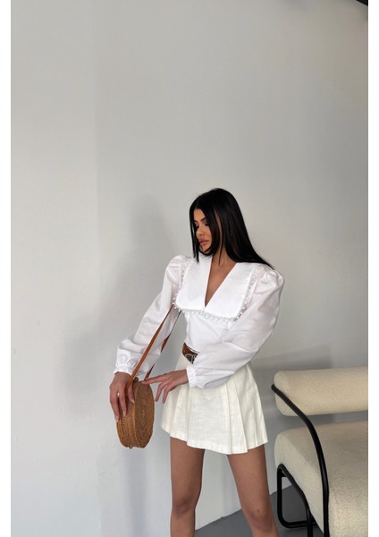 Crop Poplin Gömlek Yaka Kenar Dantel Detaylı - Beyaz