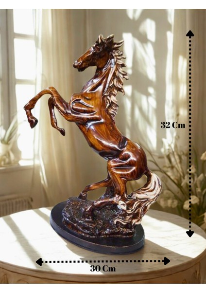 Ahşap Temalı Şahlanan Yabani At Heykel 32 cm Polyester Biblo