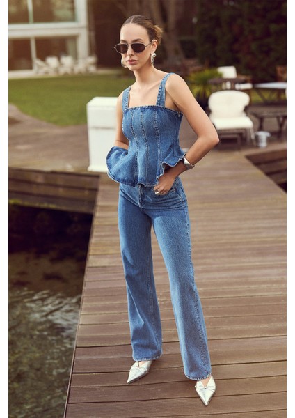 x Sima Tarkan - Pamuklu Düz Uzun Paça Normal Bel Jean Pantolon - Straight Fit Jean 5SAL40207MD