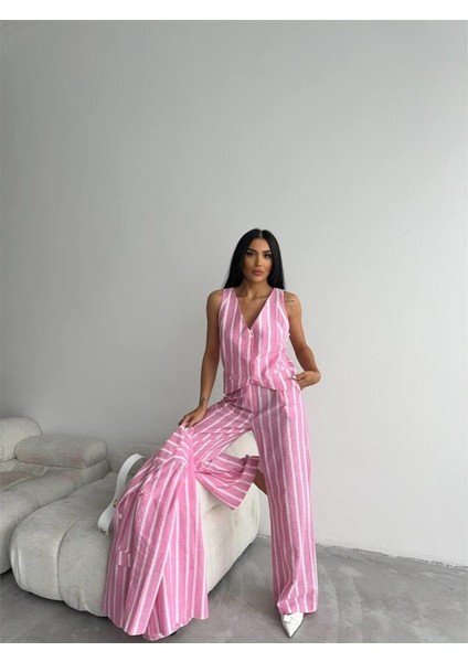 Çizgili Ceket Keten - Pembe