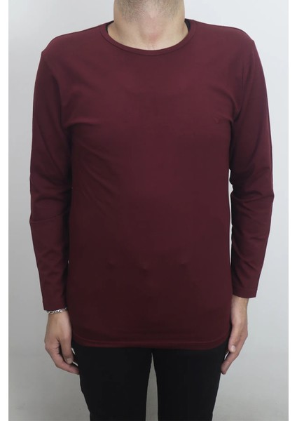 Fistan Store Erkek Bordo Düz Spor Kesim Normal Kalıp Bisiklet Yaka Uzun Kollu Body