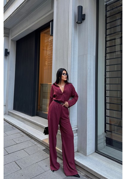 Çizgili Bluz - Pantolon Takım - Bordo