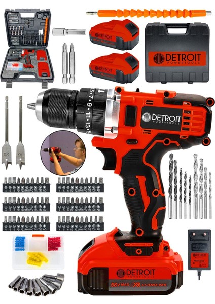 Powertools Usa Darbesiz Matkap 58 V 5AH Çift Akülü Şarjlı Matkap 84 Parça Set Hediyeli