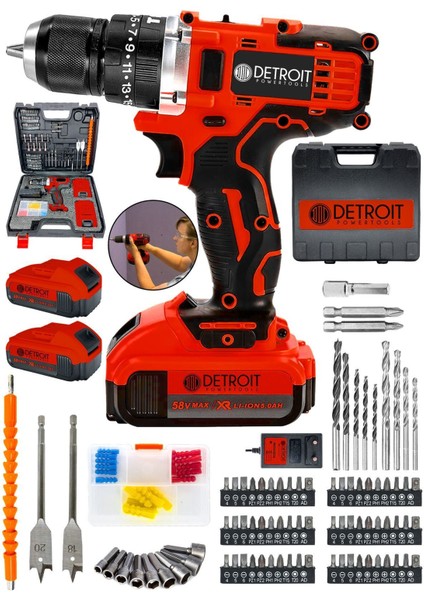 Powertools Usa Darbesiz Matkap 58 V 5AH Çift Akülü Şarjlı Matkap 84 Parça Set Hediyeli