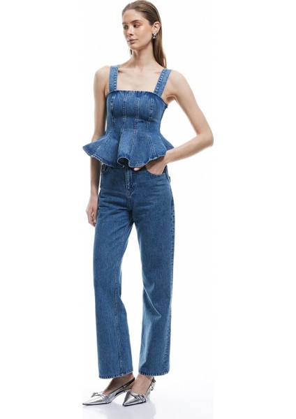 x Sima Tarkan - Pamuklu Düz Uzun Paça Normal Bel Jean Pantolon - Straight Fit Jean 5SAL40207MD