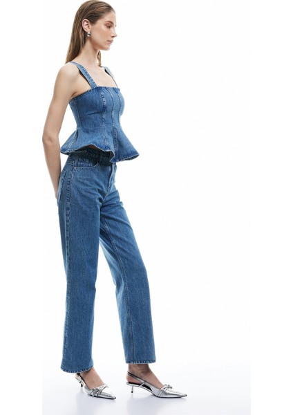 x Sima Tarkan - Pamuklu Düz Uzun Paça Normal Bel Jean Pantolon - Straight Fit Jean 5SAL40207MD